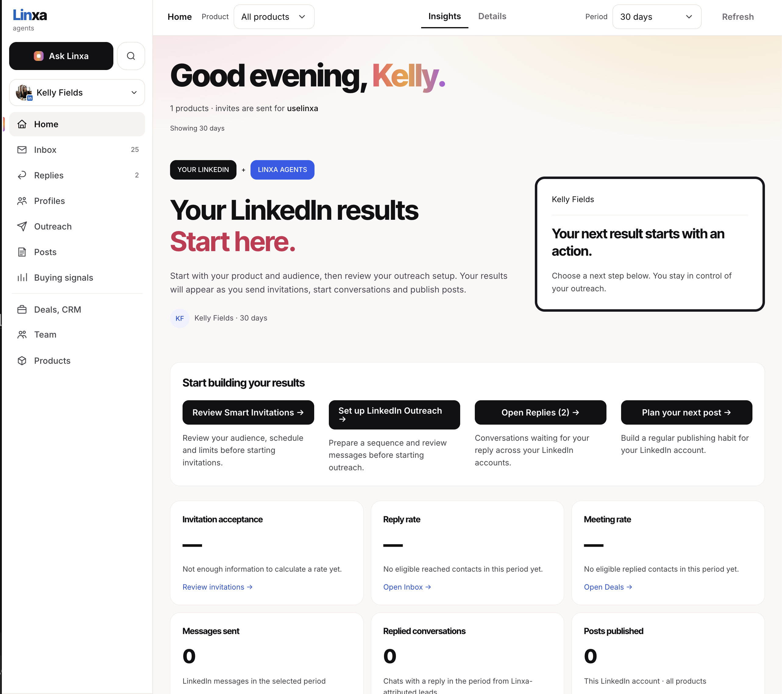Redesigned Linxa Home dashboard with a warm ivory background, clear sidebar navigation, next-step actions, and LinkedIn results cards.