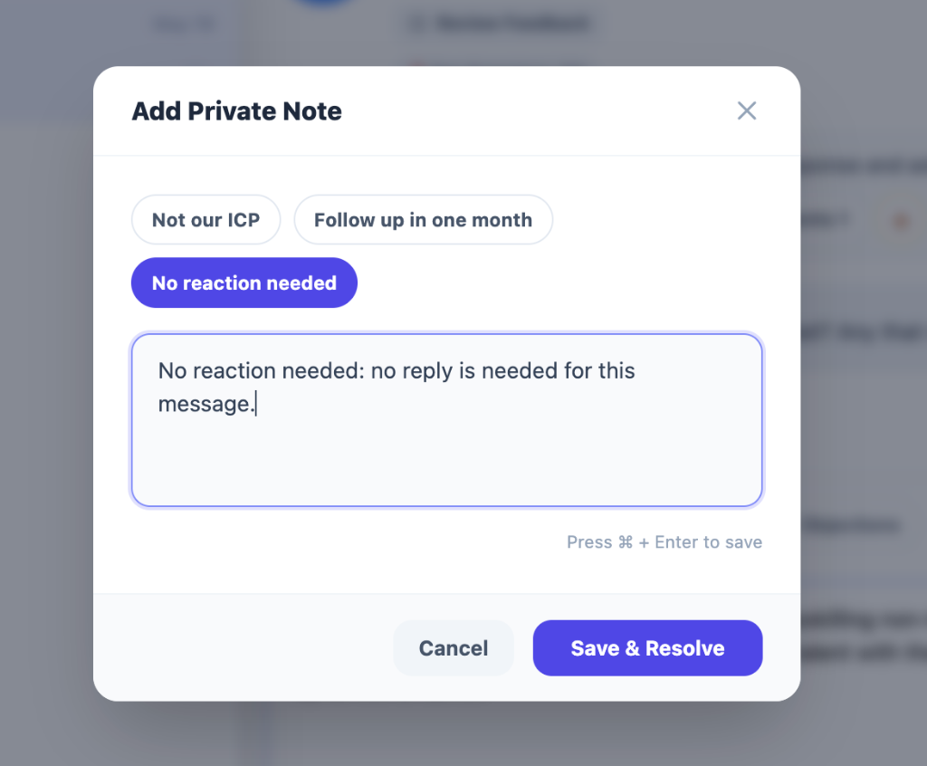 Add Private Note modal prepopulated with Fast Action context